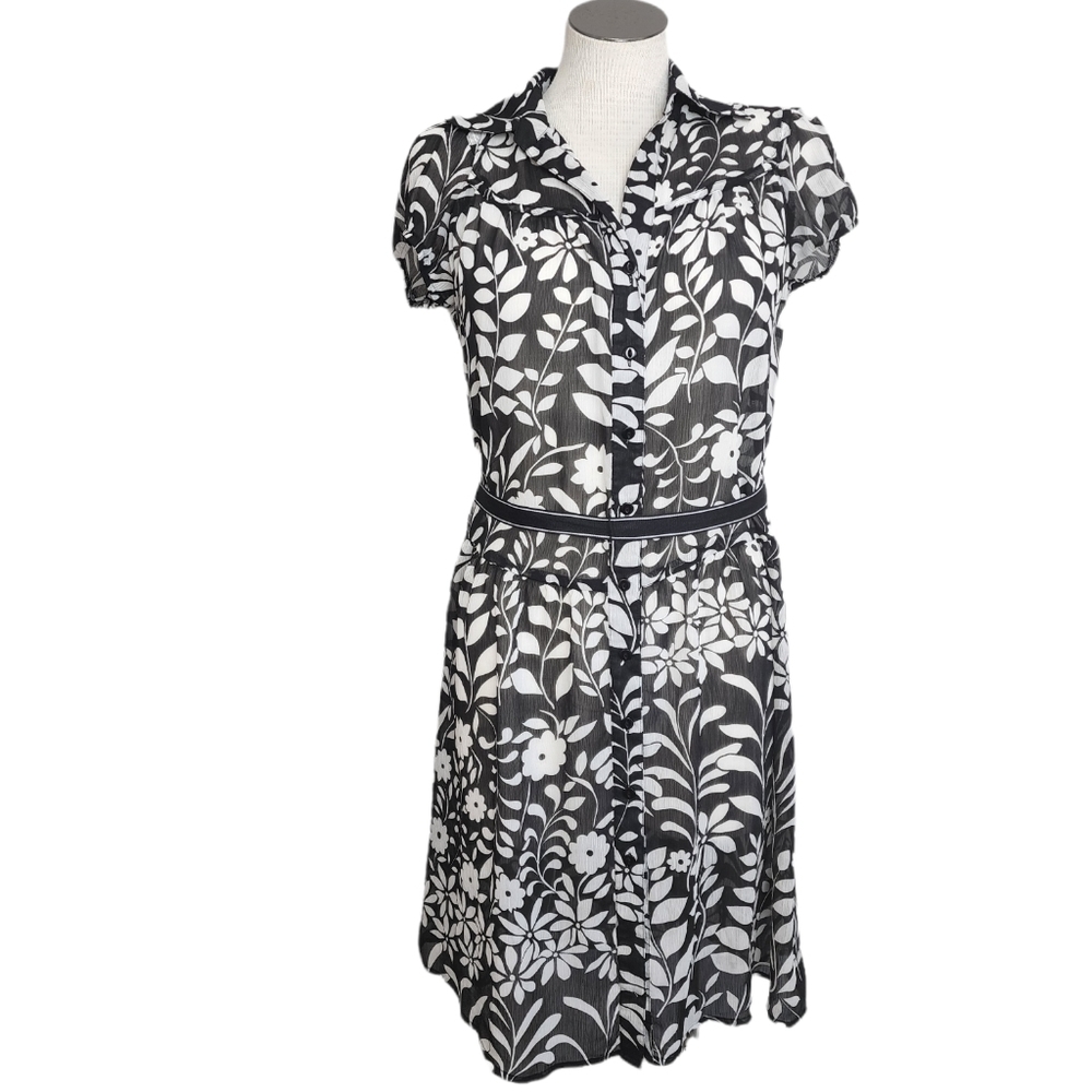 AB Studio Sheer Floral Button Floral Bodice Sleeve Dark Ribbon Belt Dress Size 6